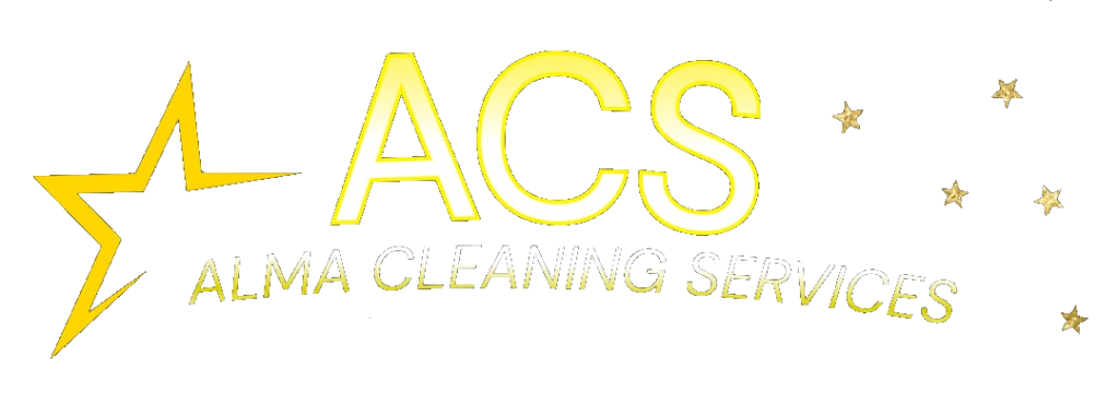 Logo for Alma Cleaning Services featuring a yellow star outline, bold yellow letters "ACS," and the company name beneath in lighter yellow. Five small gold stars are scattered to the right. Logo for Alma Cleaning Services featuring a yellow star outline, bold yellow letters "ACS," and the company name beneath in lighter yellow. Five small gold stars are scattered to the right.
