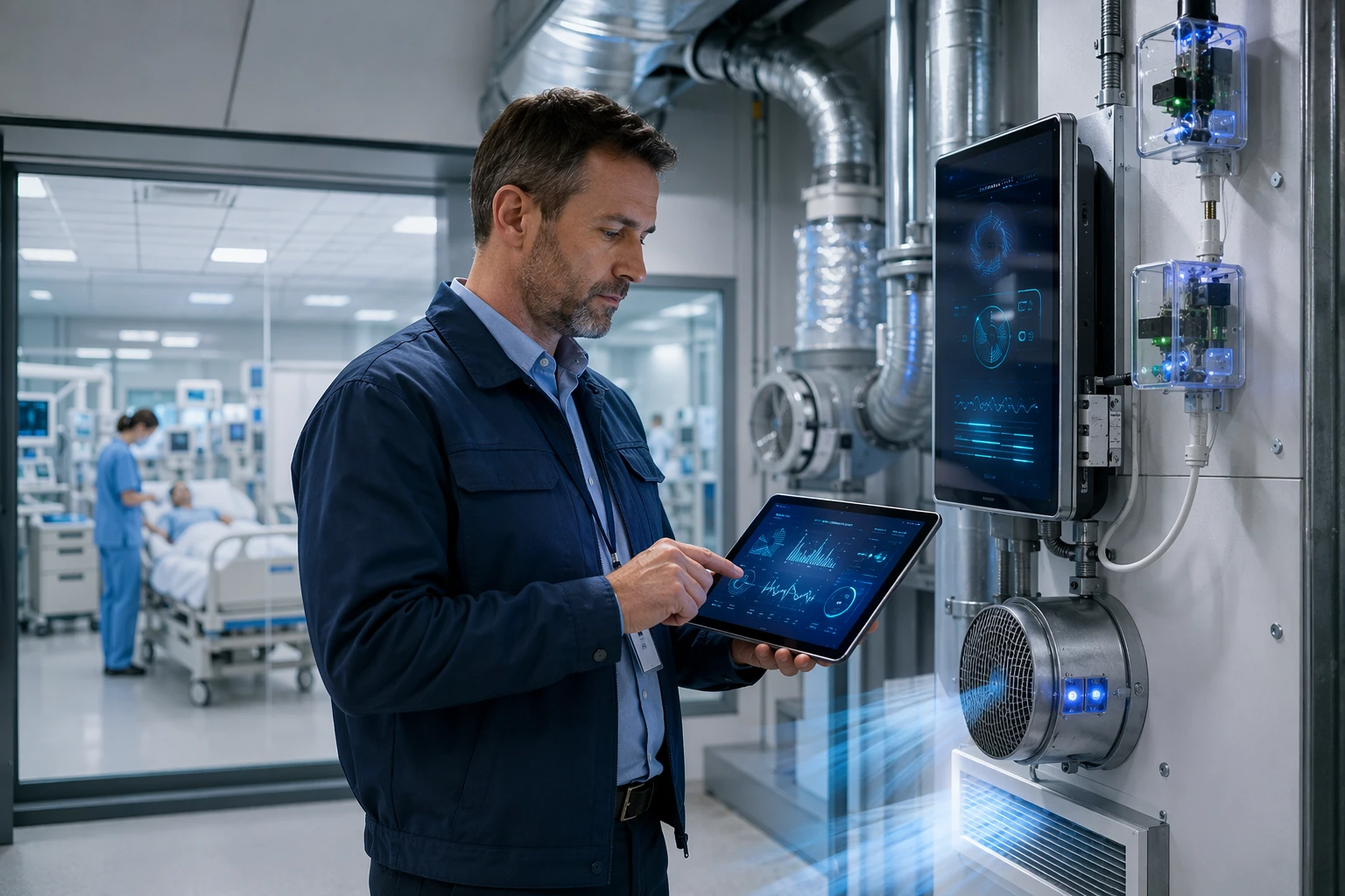 Hospital facilities manager reviewing air quality dashboard