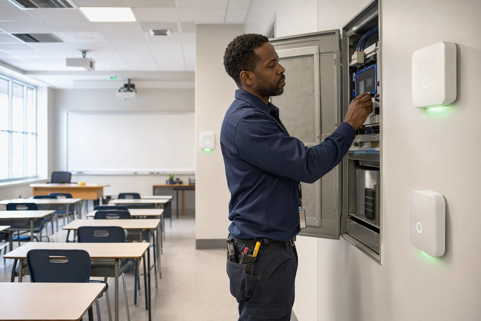 HVAC technician adjusting air controls in classroom with glowing CO2 sensors