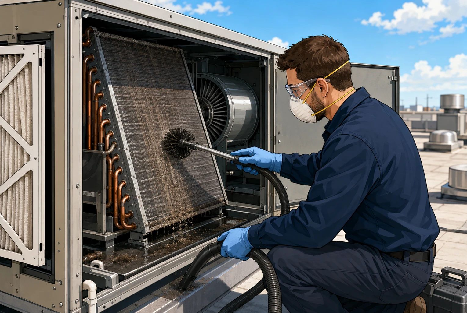 Technician cleaning evaporator coil inside rooftop HVAC unit