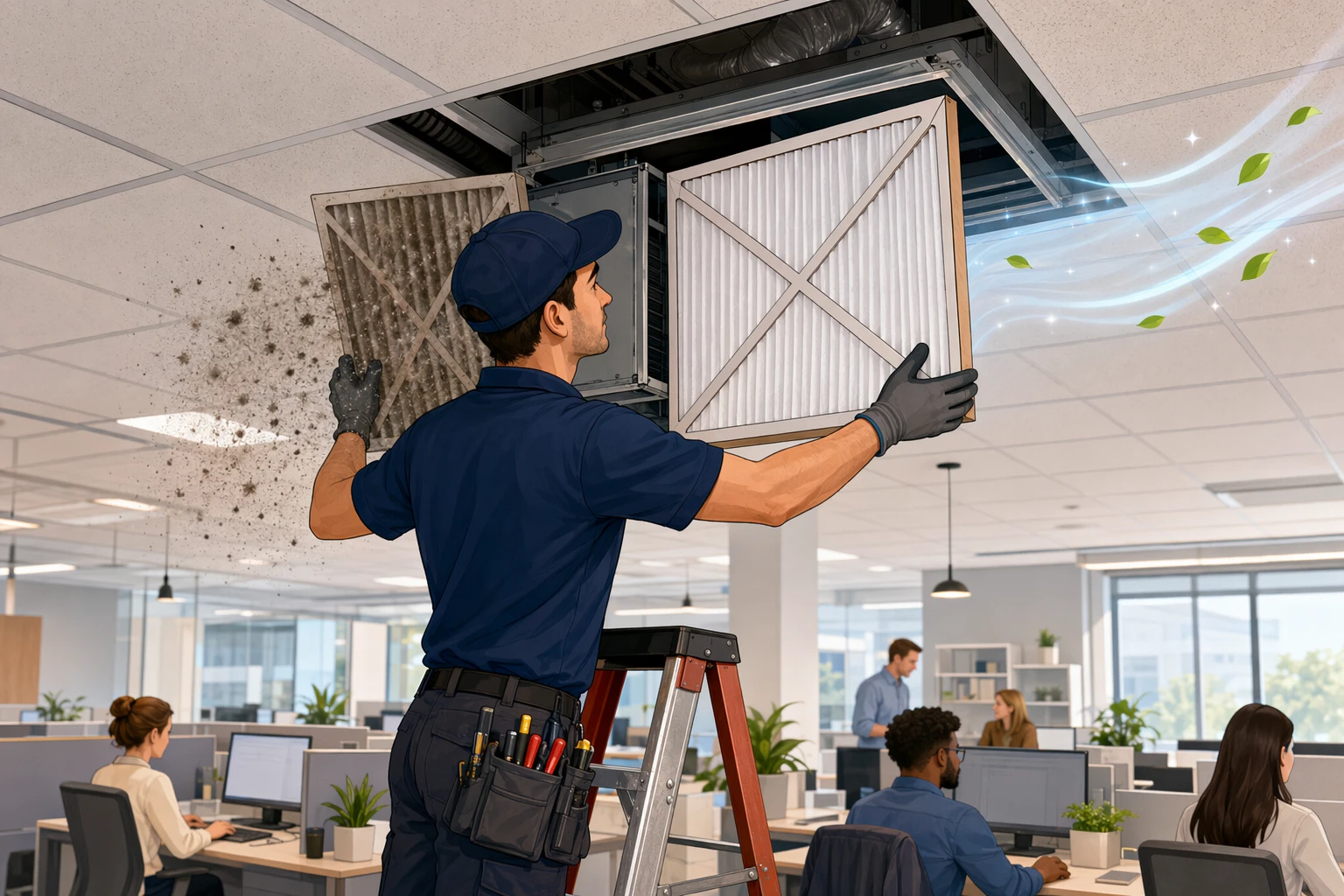HVAC technician replacing air filter in office ceiling