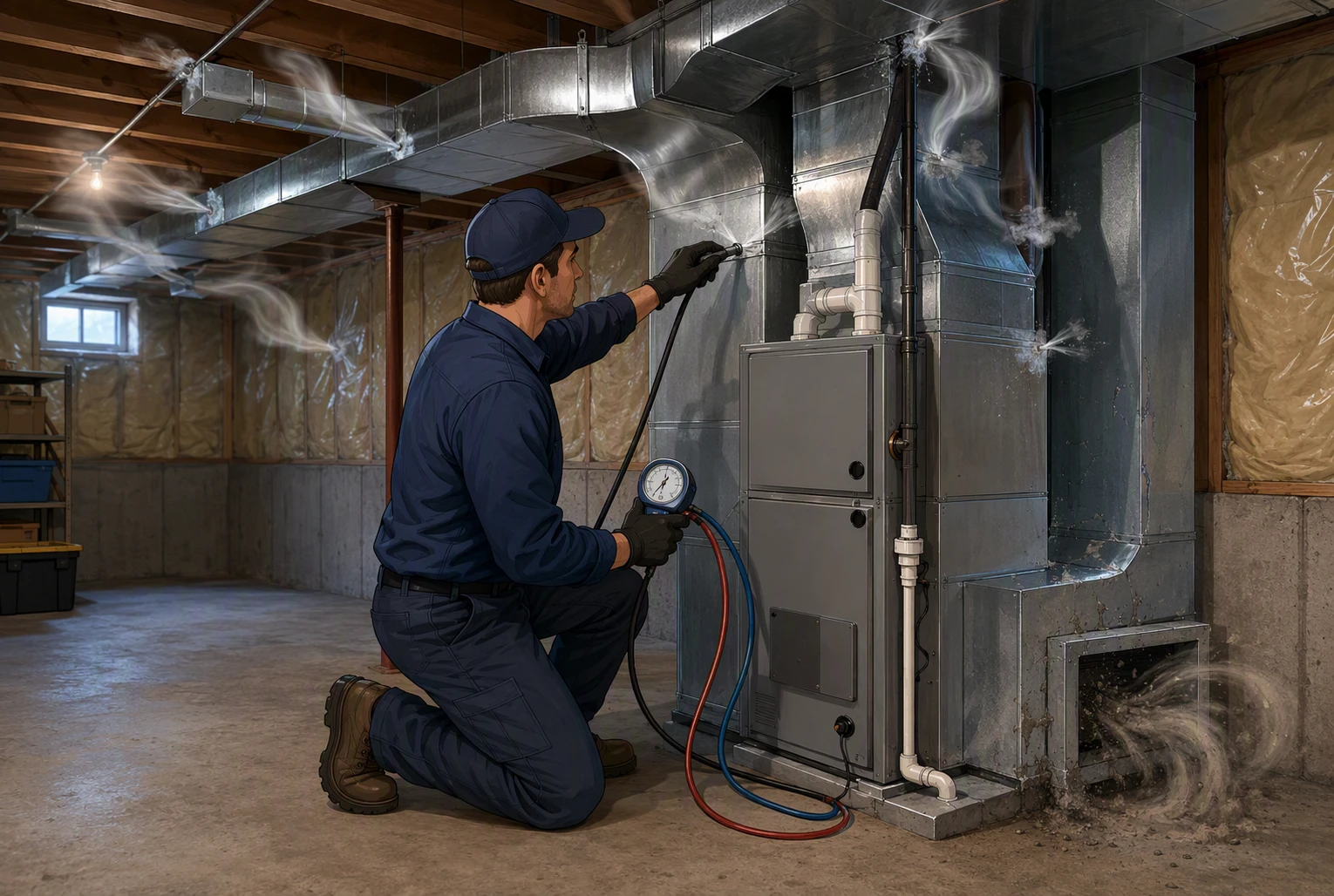 Technician pressure testing ductwork in Michigan basement
