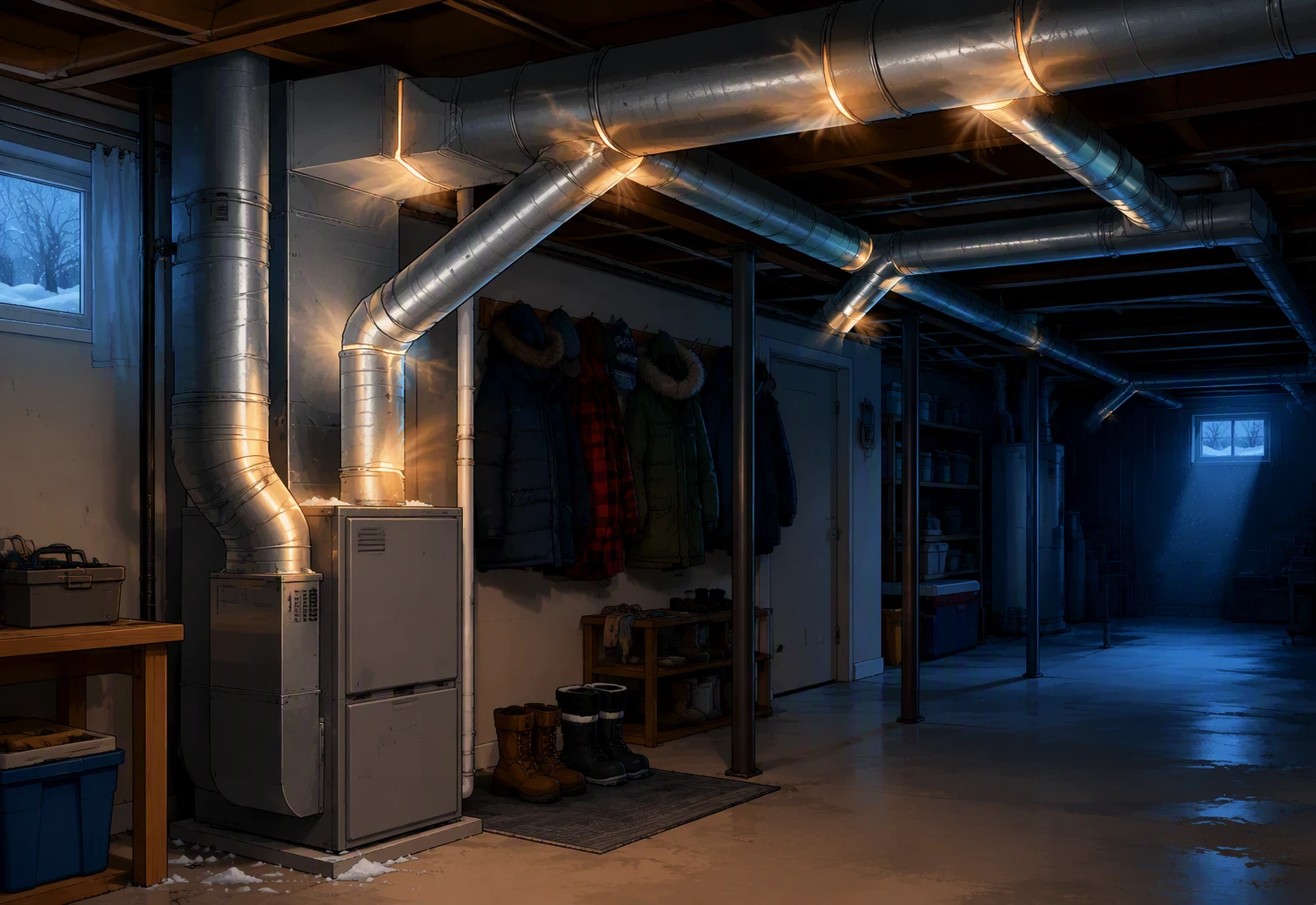 Older Michigan basement with exposed ducts and winter coats