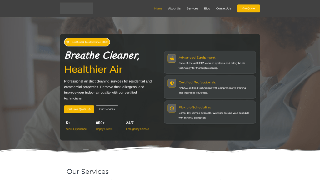 Air Duct Cleaning Website homepage for an air quality service features a dark theme, highlighted service benefits like HVAC efficiency and coil cleaning services, call-to-action buttons, certifications, experience stats, and a menu with options such as About Us and Get Quote. HVAC
