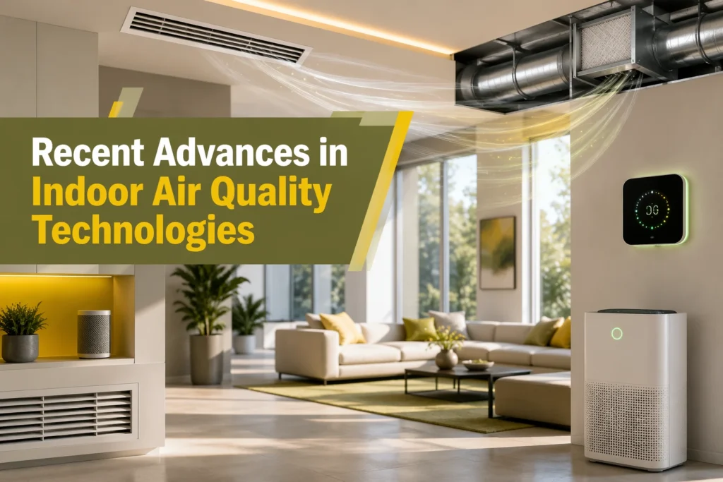 Air Duct Cleaning Modern living room with sunlight, air purifier, and smart air quality monitor on the wall. Overlay text reads: "Recent Advances in Indoor Air Quality Technologies." Airflow is visible near the ceiling vents, highlighting the impact of innovative air quality technologies in enhancing indoor air quality. HVAC
