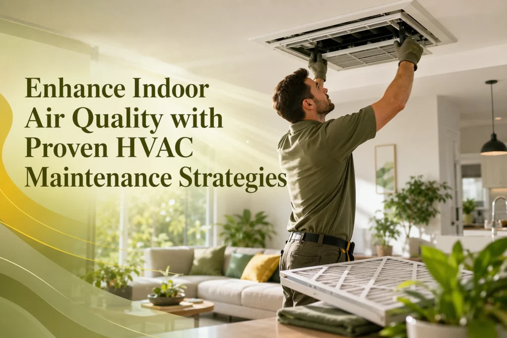 Air Duct Cleaning A person in work clothes maintains an overhead HVAC vent in a bright living room. Text reads, "Enhance Indoor Air Quality with Proven HVAC Maintenance Strategies. HVAC