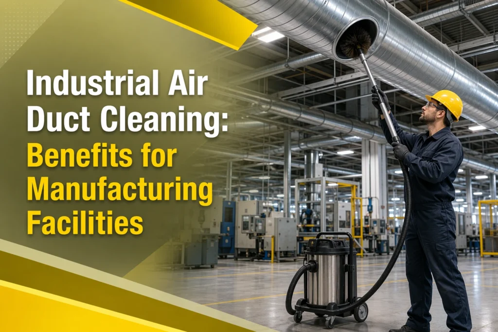 Air Duct Cleaning A worker in a hard hat cleans an air duct with specialized equipment in a large industrial facility. Text reads: “Industrial Air Duct Cleaning: Benefits for Manufacturing Facilities.” Industrial air duct cleaning provides significant benefits for manufacturing facilities, improving air quality and system efficiency. HVAC