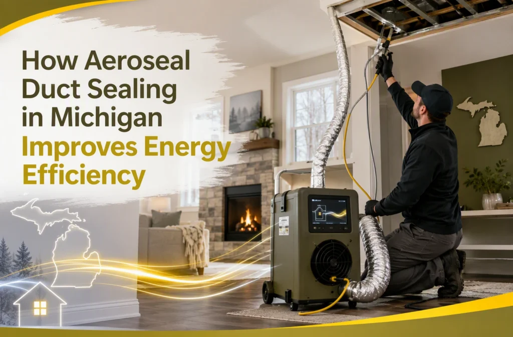 Air Duct Cleaning A worker uses specialized equipment to seal air ducts inside a home, demonstrating how Aeroseal duct sealing in Michigan can significantly improve energy efficiency. Text on image reads: “How Aeroseal Duct Sealing in Michigan Improves Energy Efficiency.” A cozy fireplace and a map of Michigan are visible in the background. HVAC