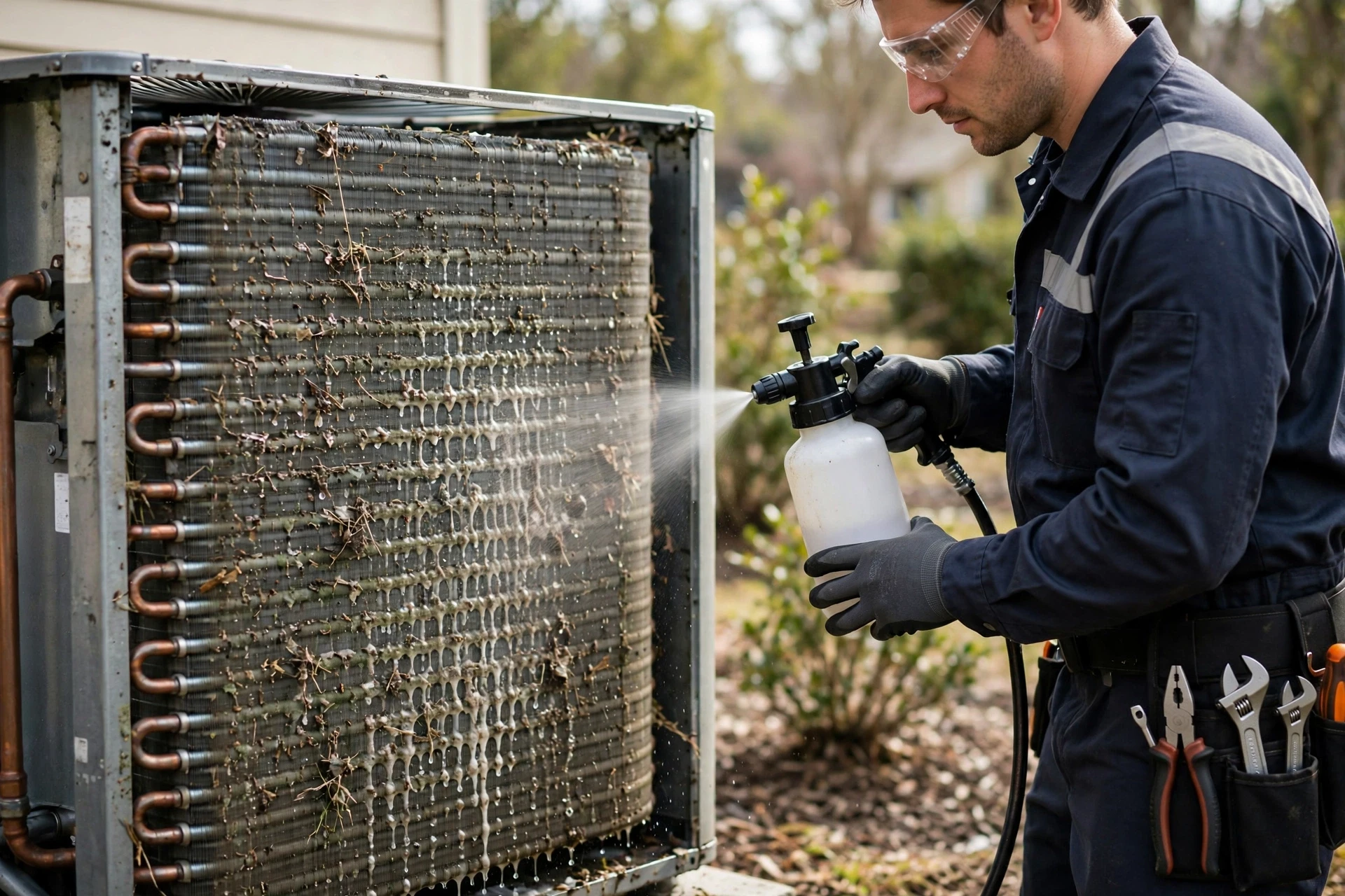 A technician rinsing an outdoor condenser coil