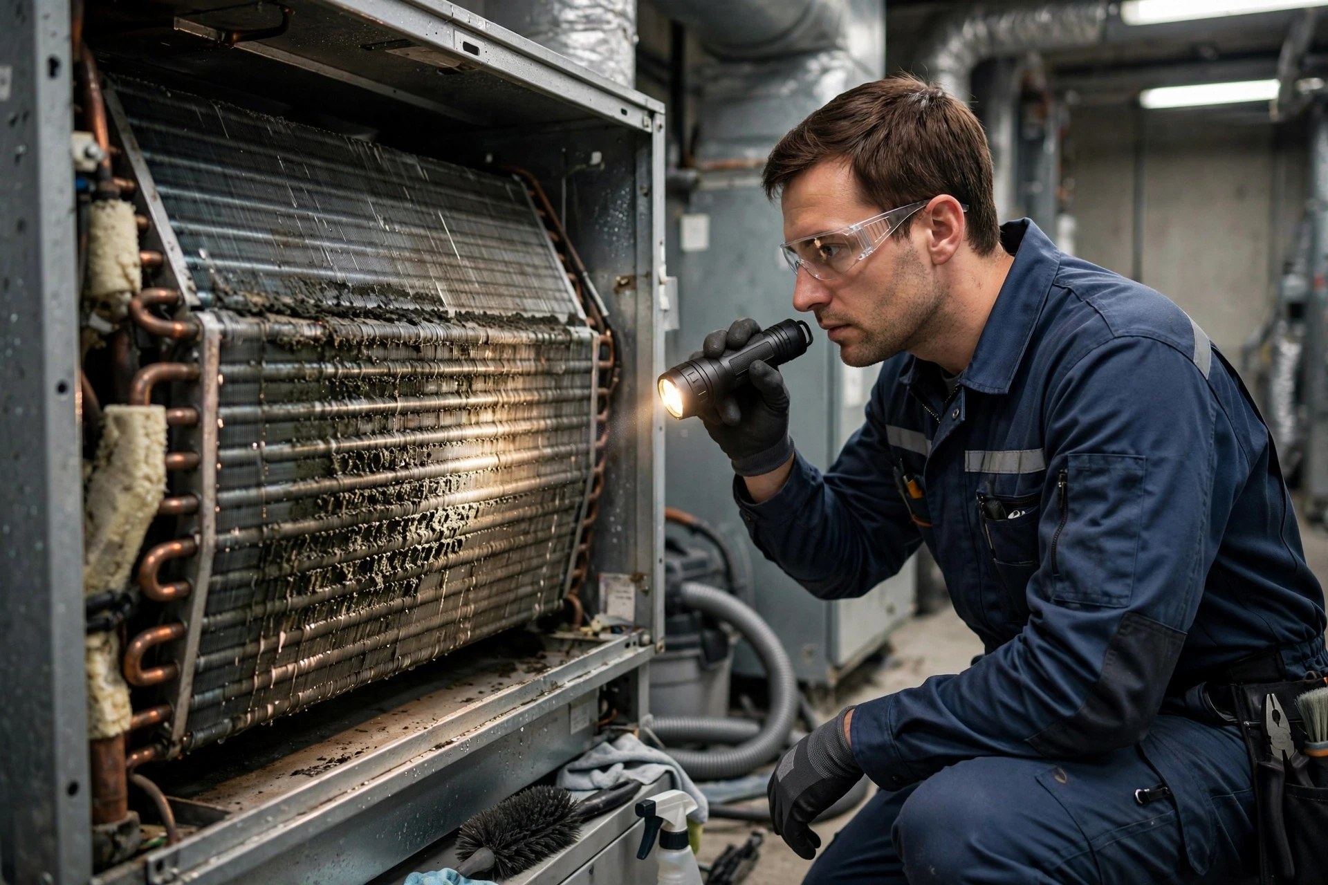 Technician inspecting evaporator coil with flashlight