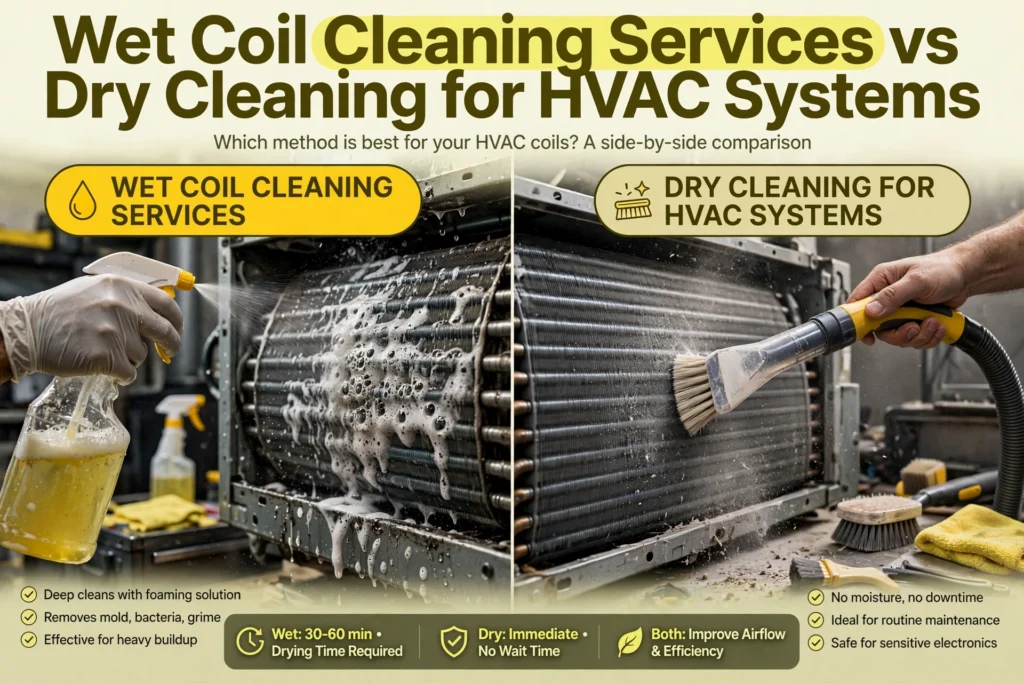 Air Duct Cleaning Infographic comparing wet coil cleaning, which uses a foaming spray, to dry cleaning with a vacuum brush, including a summary of the benefits and drying time requirements for each HVAC maintenance method. HVAC