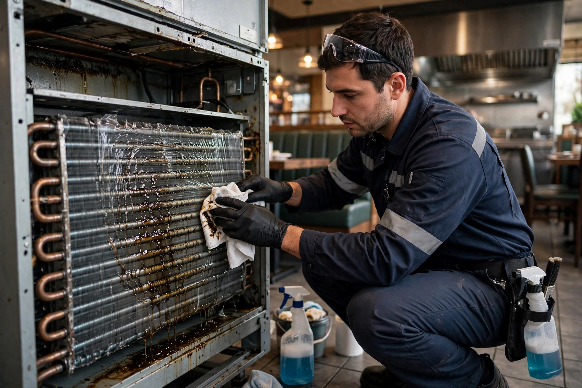 Technician wiping greasy film from coil fins