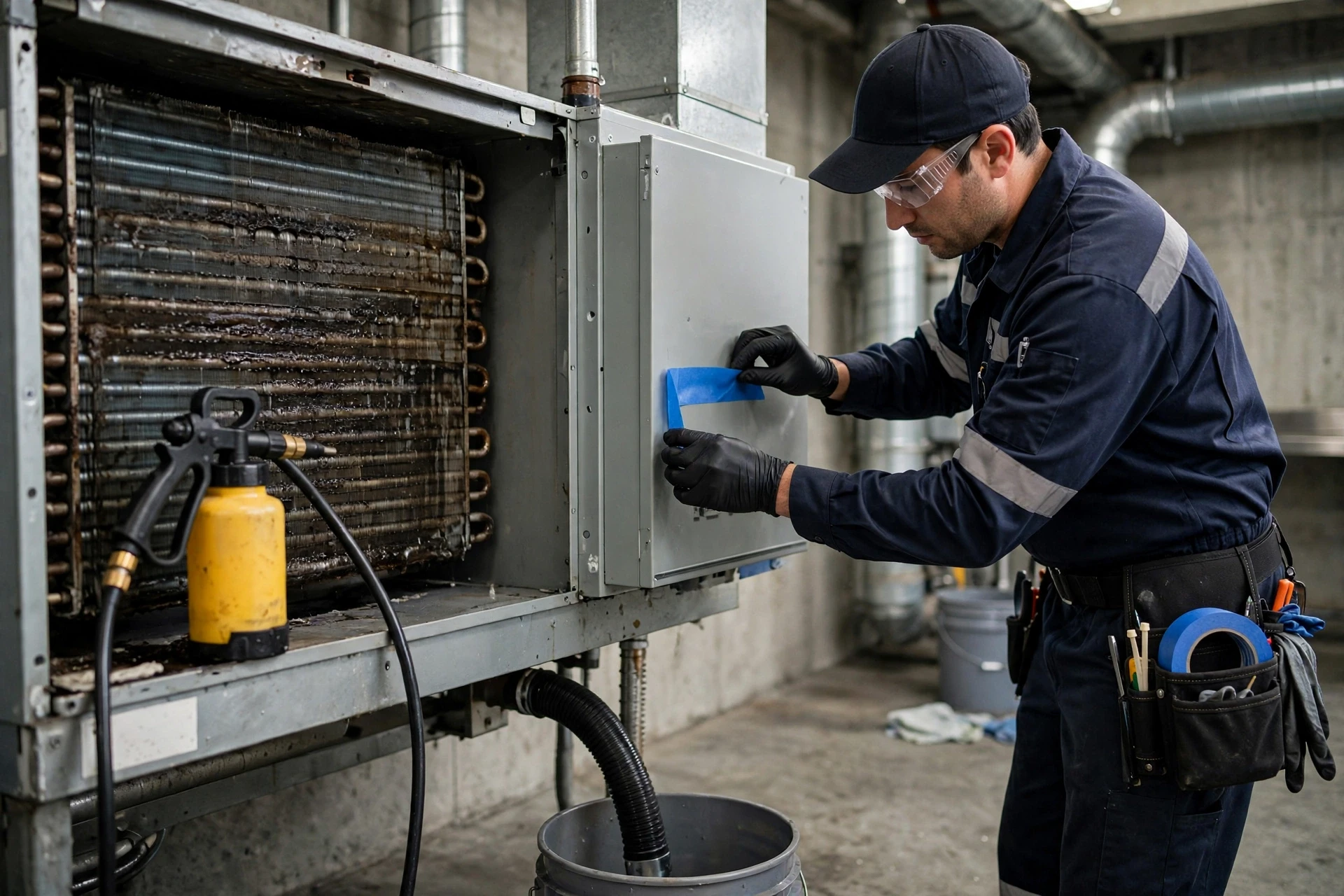 Technician covering electrical panel before rinsing coil