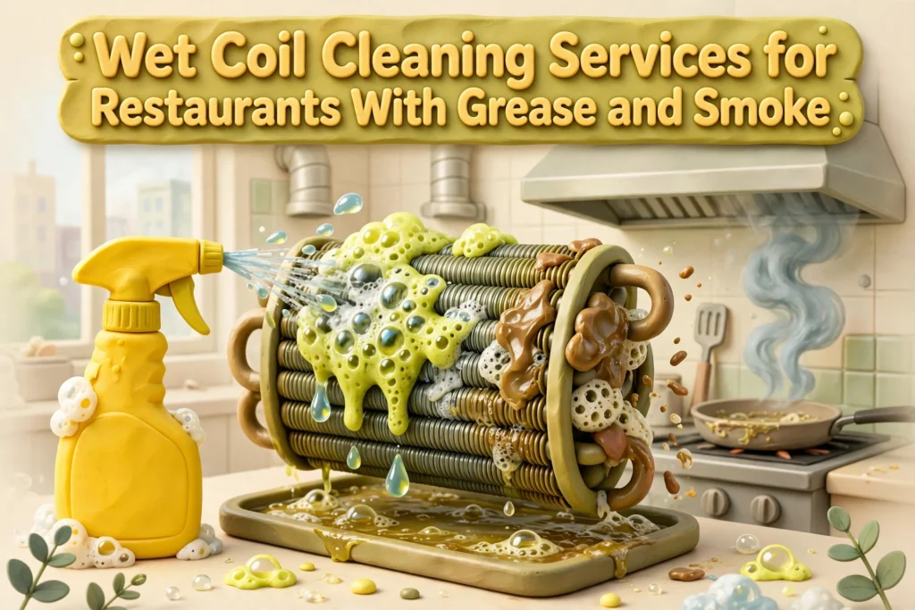 Air Duct Cleaning A yellow spray bottle applies wet coil cleaning services to a greasy, foam-covered metal coil in a kitchen, with the text “Wet Coil Cleaning Services for Restaurants With Grease and Smoke” at the top. HVAC